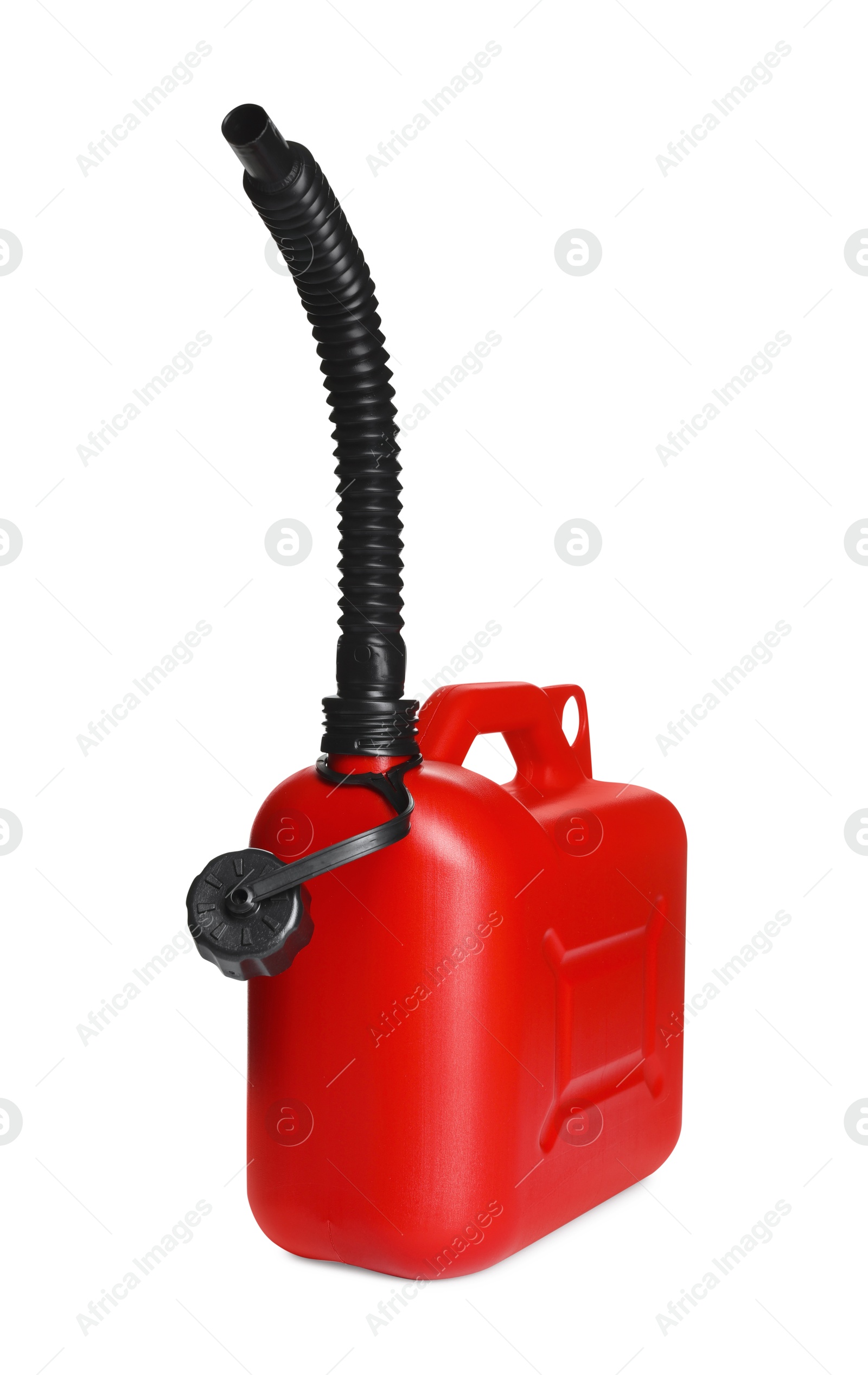 Photo of One red plastic canister with spout on white background