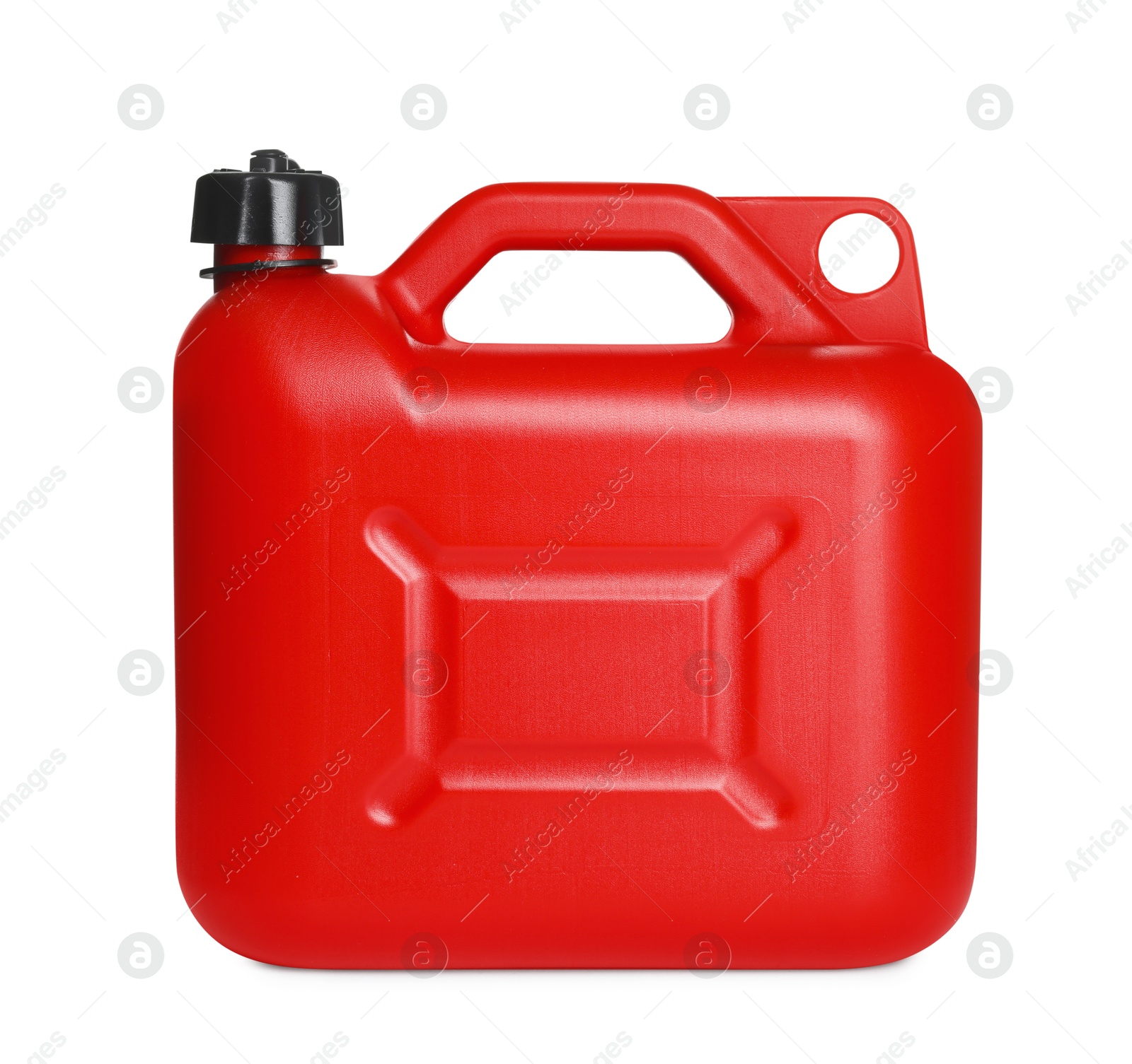 Photo of One red plastic canister on white background