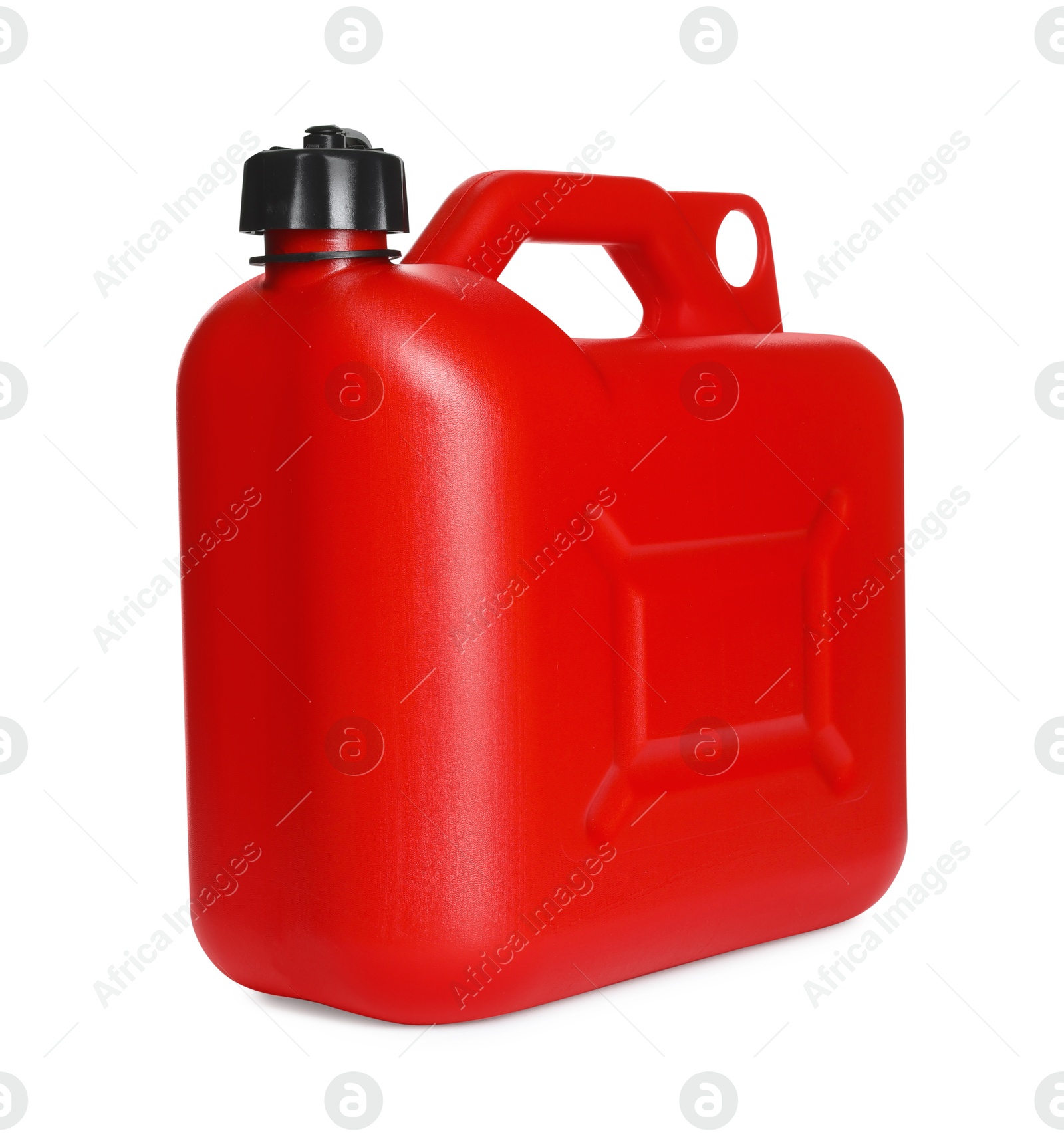 Photo of One red plastic canister on white background