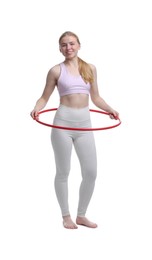 Photo of Beautiful young woman with hula hoop isolated on white