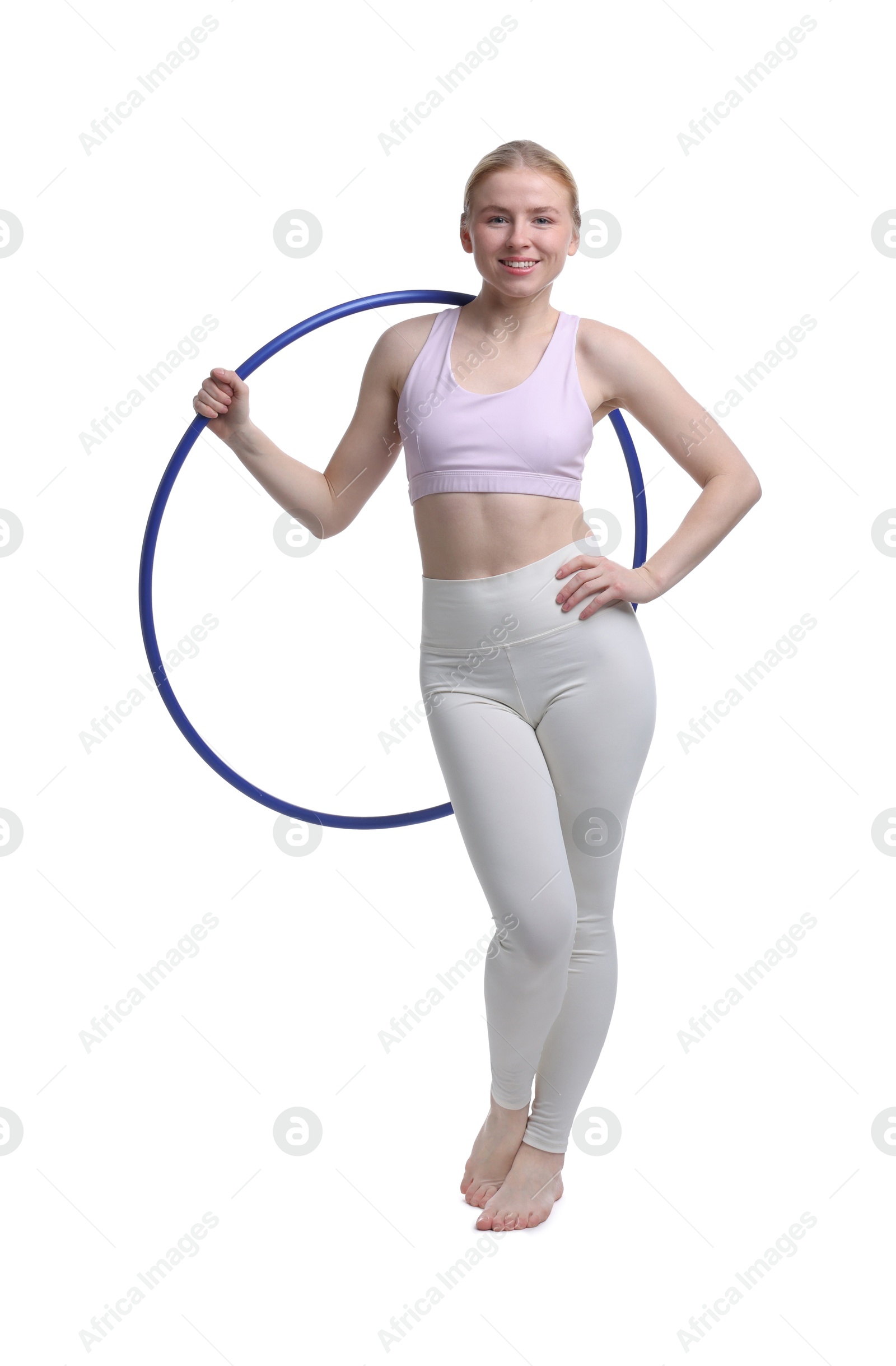 Photo of Beautiful young woman with hula hoop isolated on white