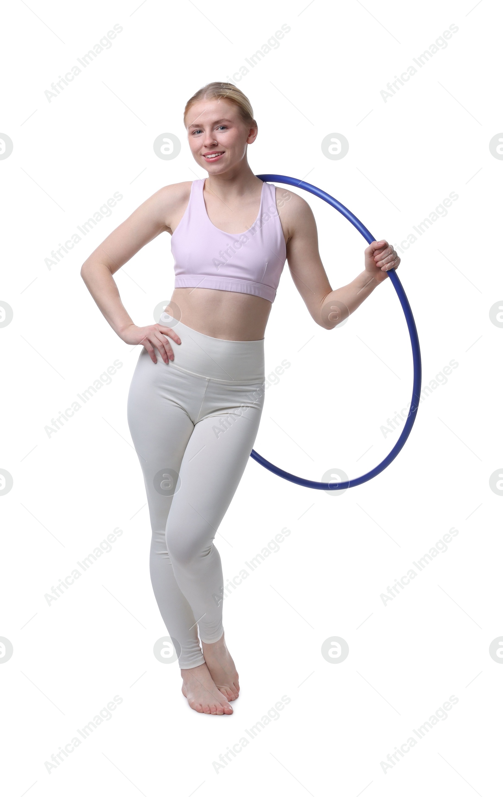 Photo of Beautiful young woman with hula hoop isolated on white