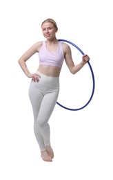 Photo of Beautiful young woman with hula hoop isolated on white