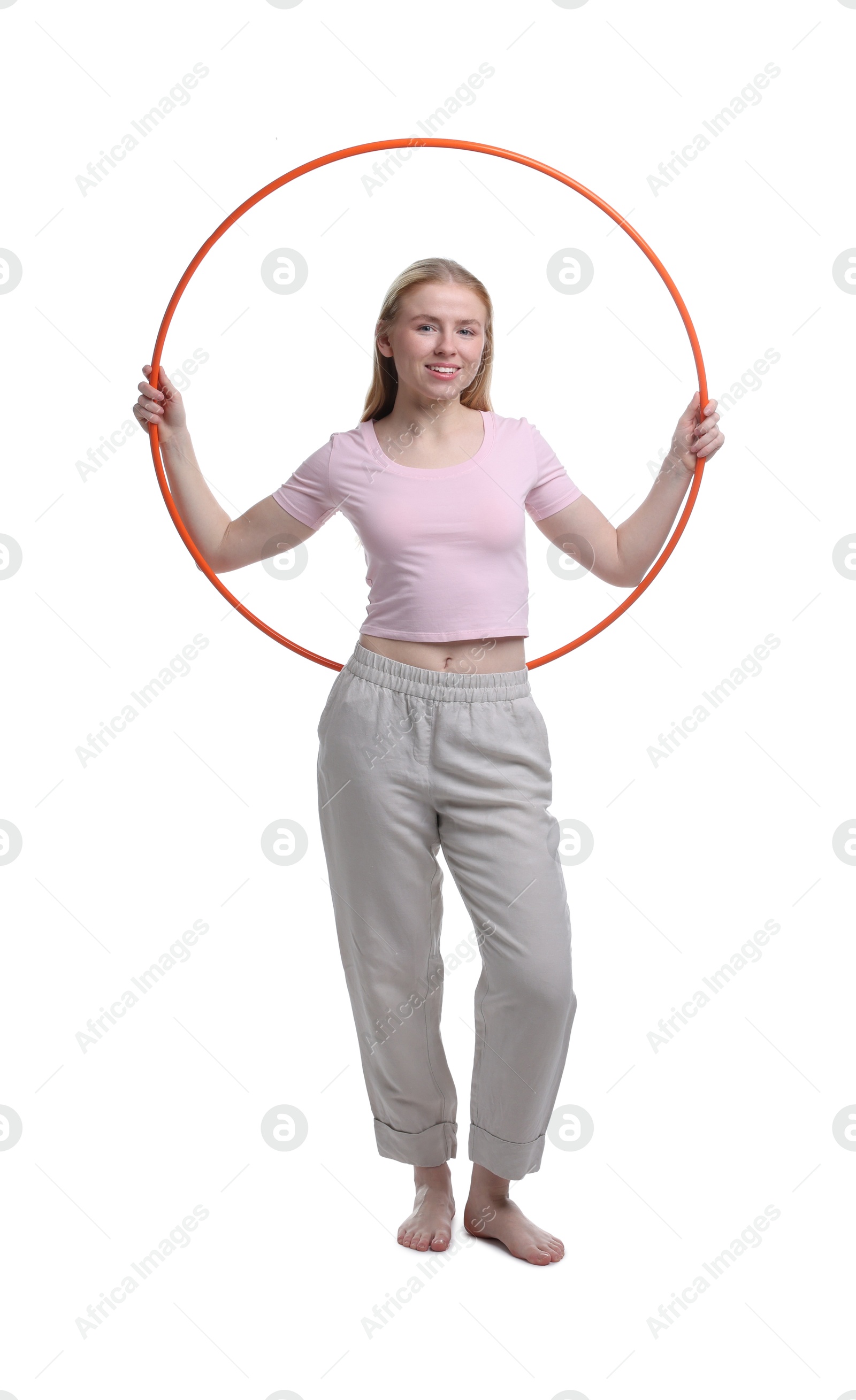 Photo of Beautiful young woman with hula hoop isolated on white