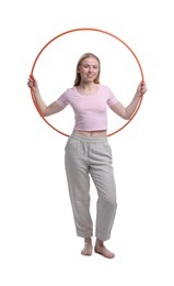 Beautiful young woman with hula hoop isolated on white