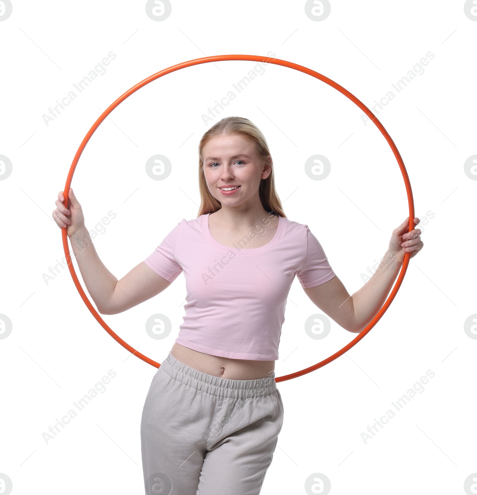 Photo of Beautiful young woman with hula hoop isolated on white