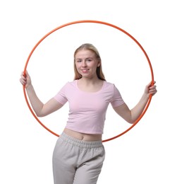 Photo of Beautiful young woman with hula hoop isolated on white