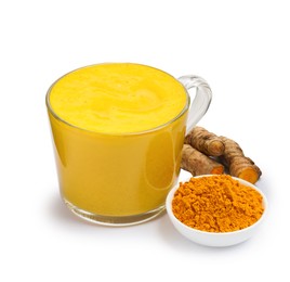 Photo of Tasty turmeric latte in cup, powder and roots isolated on white