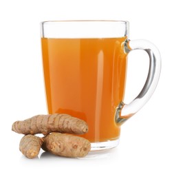 Photo of Aromatic turmeric tea in glass cup and roots isolated on white