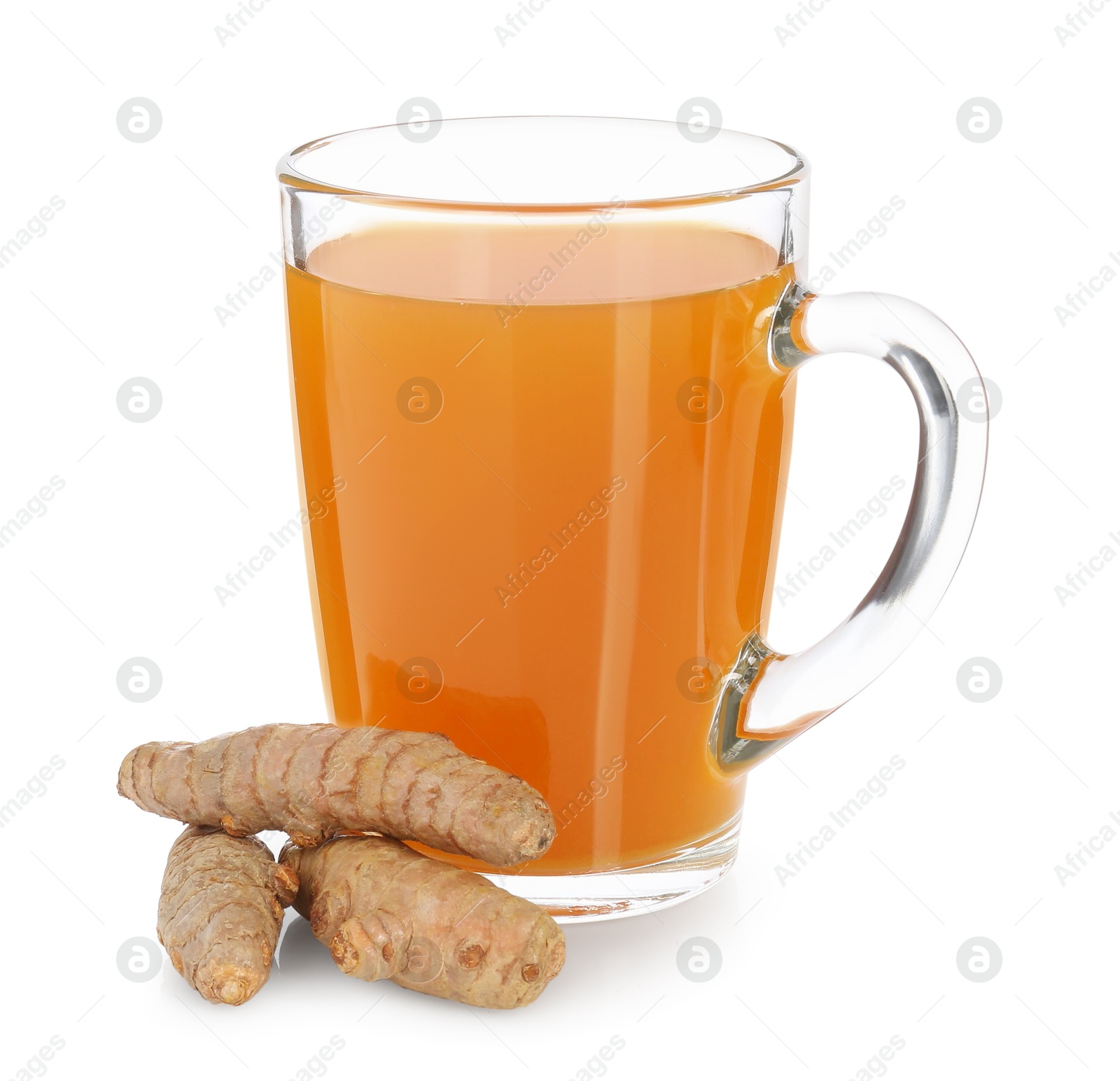 Photo of Aromatic turmeric tea in glass cup and roots isolated on white