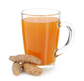 Photo of Aromatic turmeric tea in glass cup and roots isolated on white