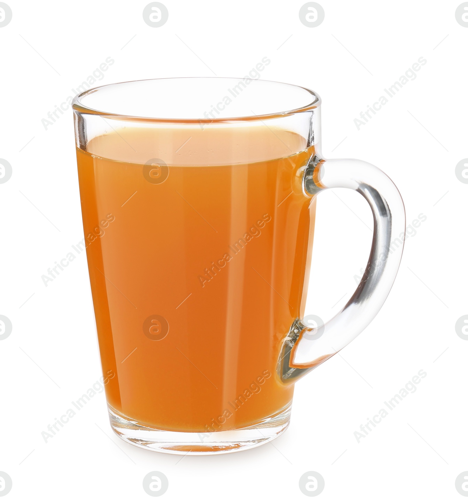 Photo of Aromatic turmeric tea in glass cup isolated on white