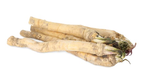 Photo of Many fresh horseradish roots isolated on white