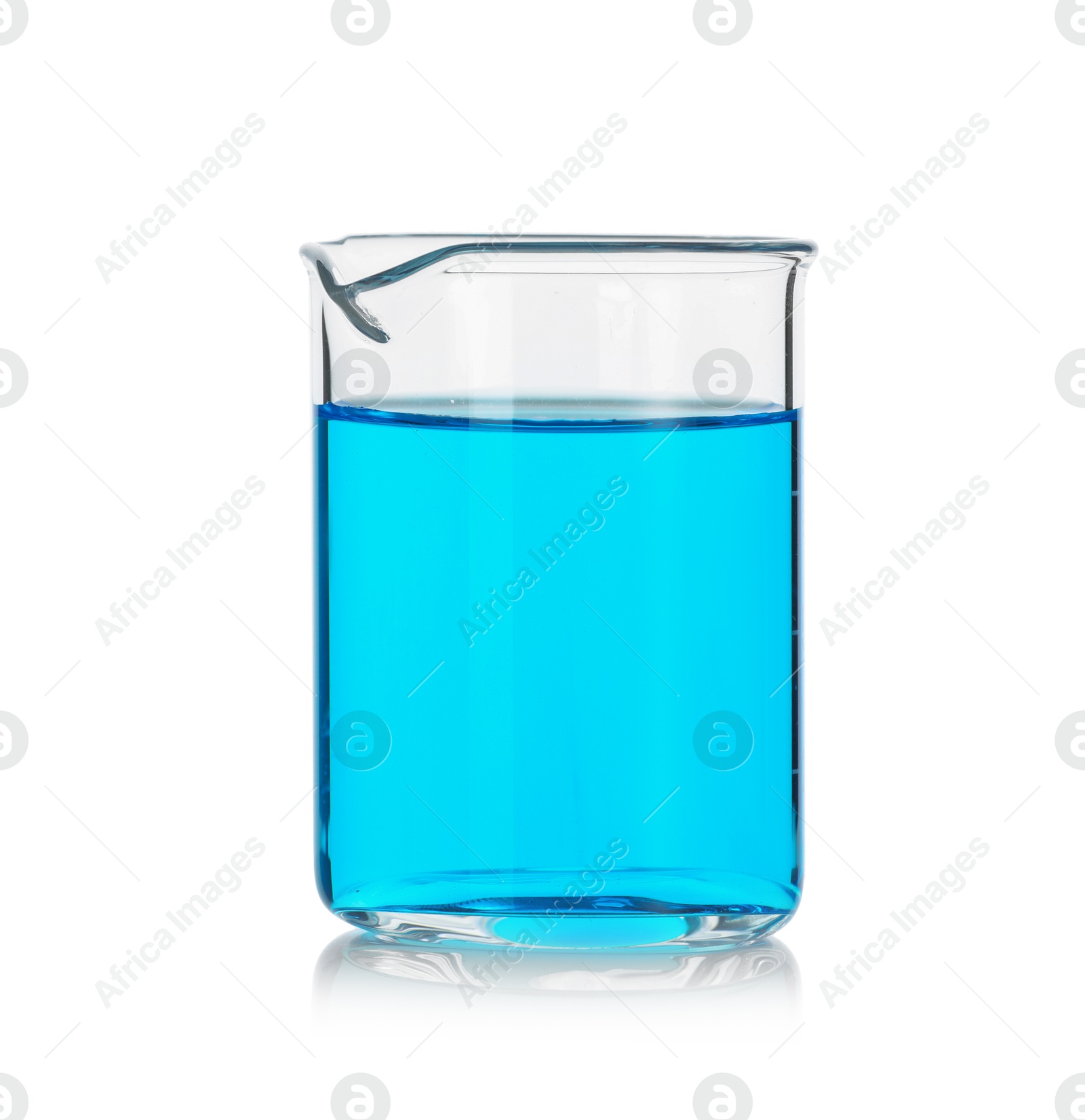 Photo of Glass beaker with light blue liquid on mirror surface against white background