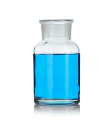 Photo of Glass flask with light blue liquid on mirror surface against white background