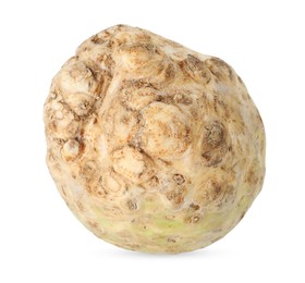 Photo of One fresh celery root isolated on white, above view