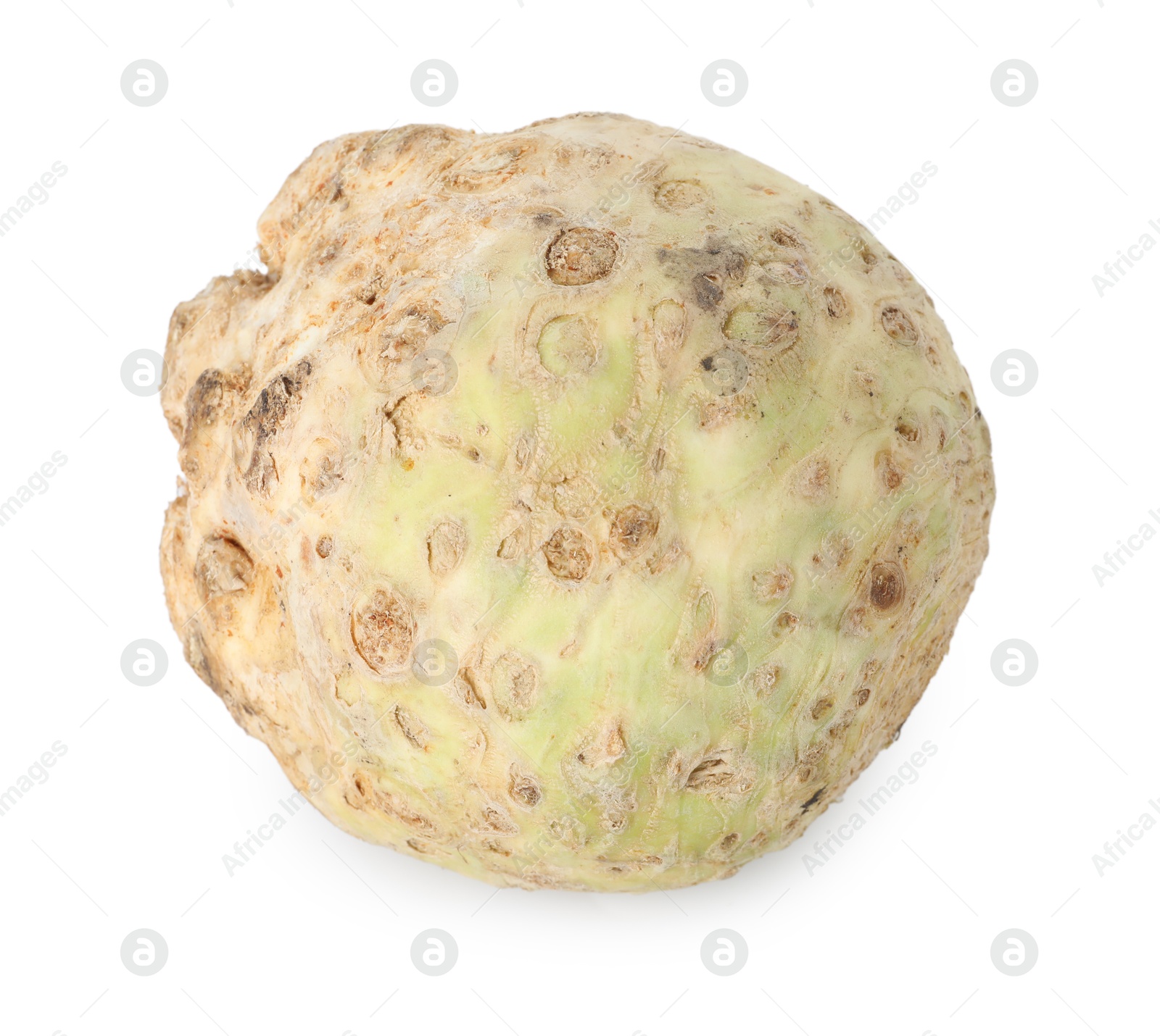 Photo of One fresh celery root isolated on white, above view