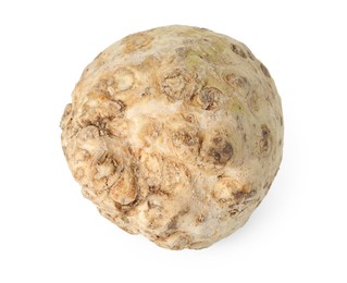 Photo of One fresh celery root isolated on white, above view