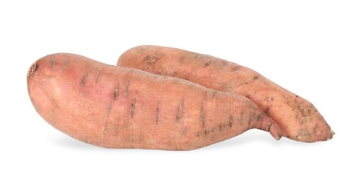 Photo of Fresh sweet potatoes isolated on white. Vegetable root