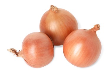 Photo of Fresh onions isolated on white, above view. Vegetable root