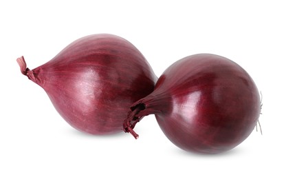 Photo of Fresh red onions isolated on white, above view. Vegetable root