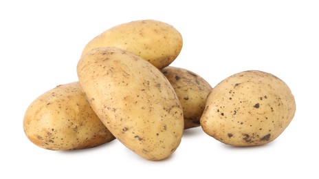 Photo of Fresh raw potatoes isolated on white. Vegetable root