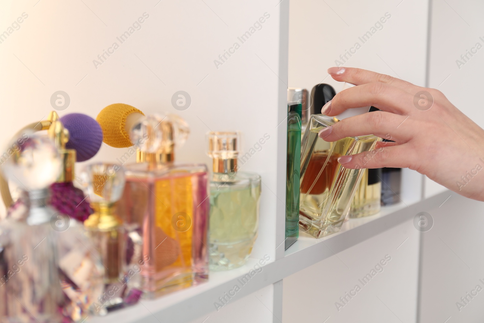 Photo of Woman taking bottle of perfume from shelf in store, closeup