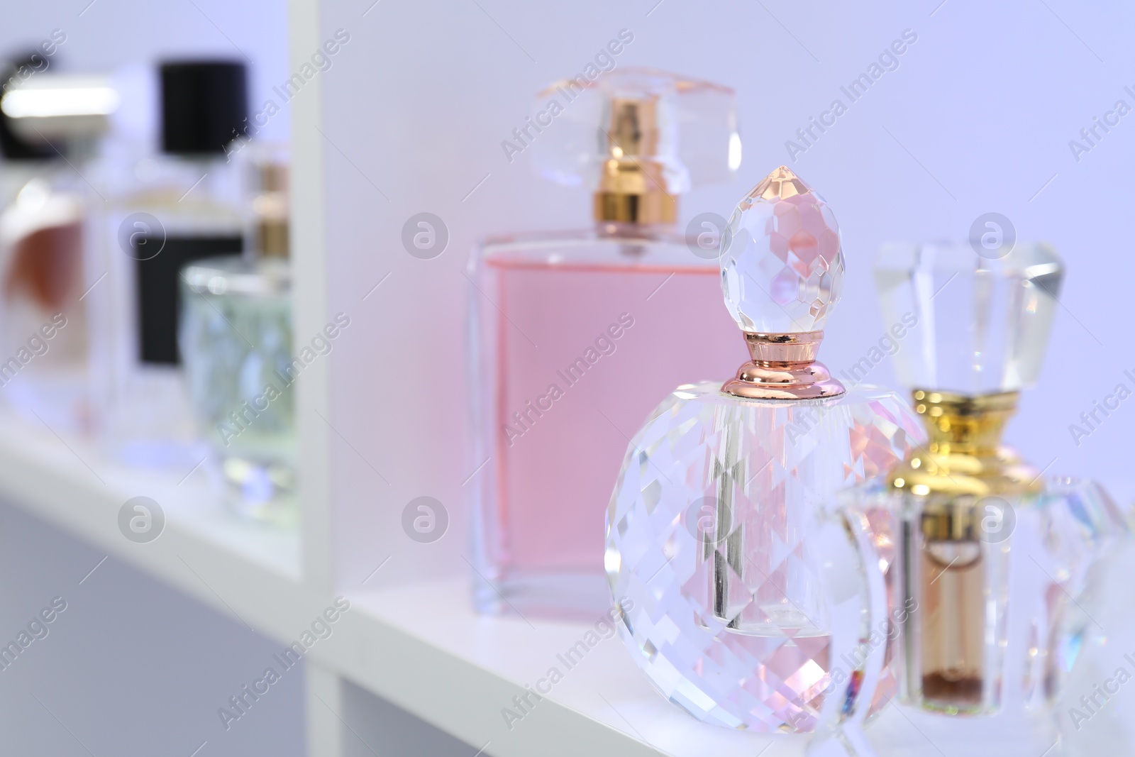 Photo of Different bottles of luxury perfume on shelf in store, closeup