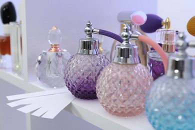 Photo of Different bottles of luxury perfume and fragrance blotters on shelf in store, closeup