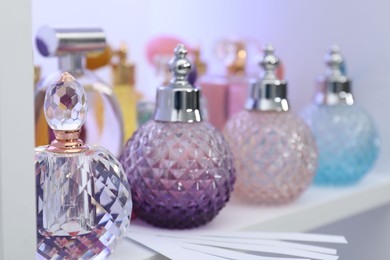 Photo of Different bottles of luxury perfume and fragrance blotters on shelf in store, closeup