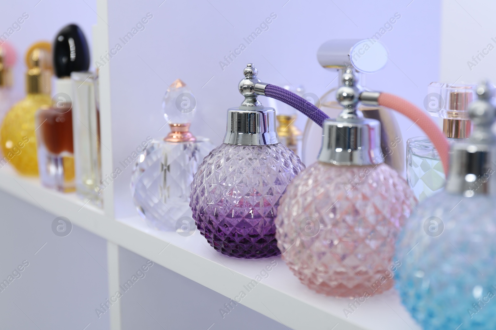 Photo of Different bottles of luxury perfume on shelf in store, closeup