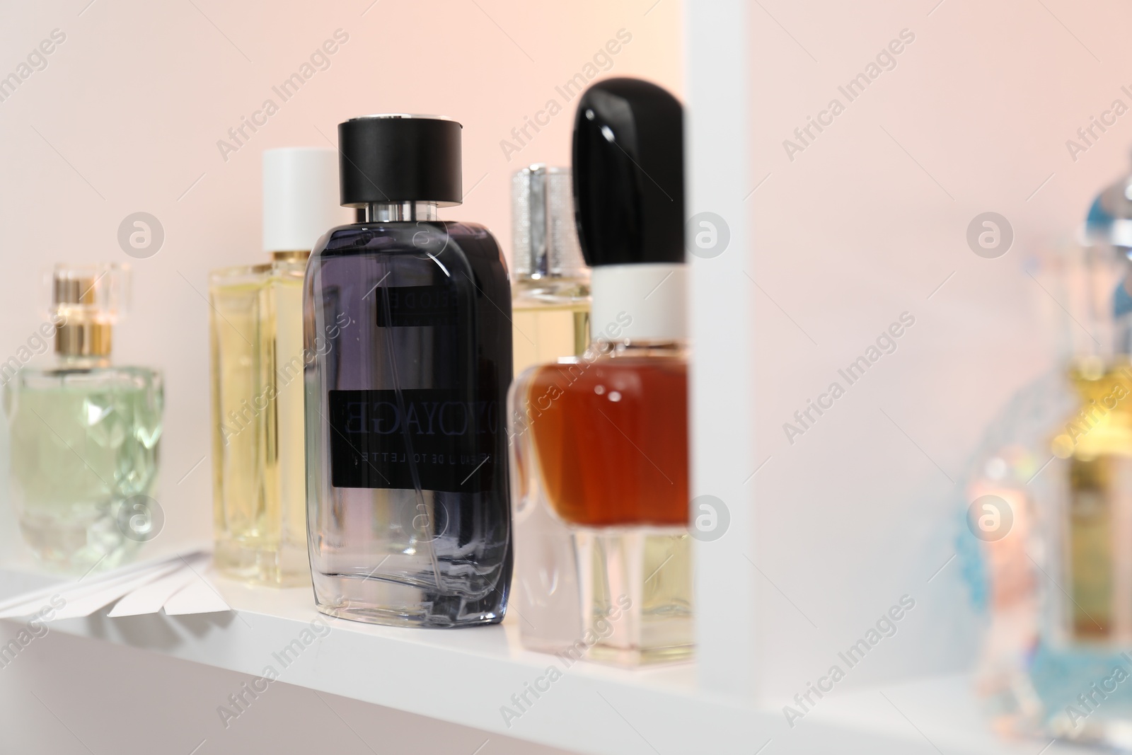 Photo of Different bottles of luxury perfume and fragrance blotters on shelf in store, closeup