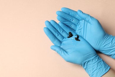 Photo of Doctor holding medicinal leeches on light pink background, top view. Space for text