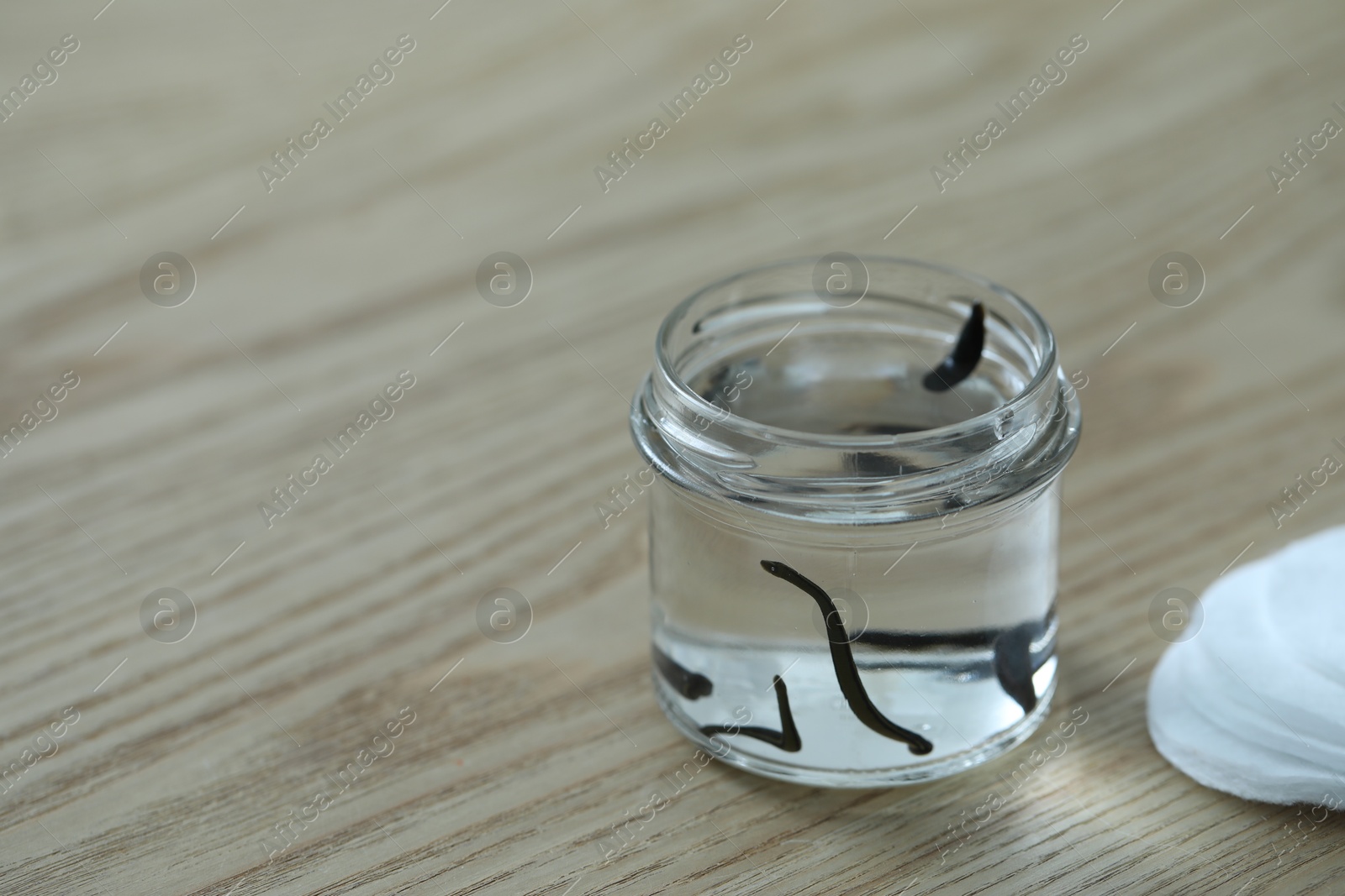 Photo of Medicinal leeches in glass jar and cotton pads on wooden table, closeup. Space for text