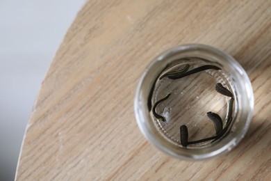 Photo of Medicinal leeches in glass jar on wooden table, top view. Space for text