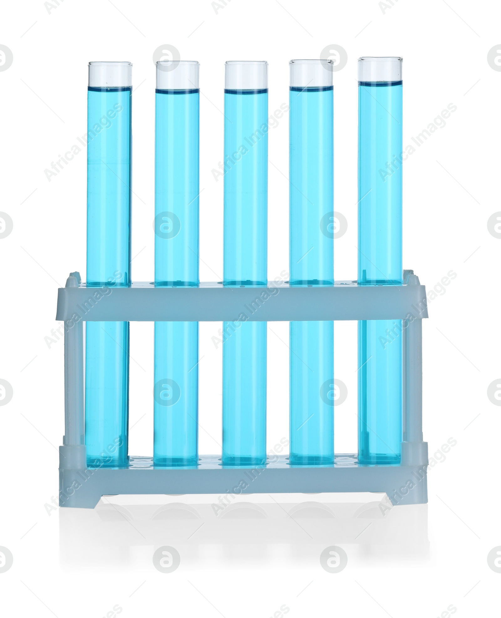 Photo of Test tubes with blue liquid isolated on white