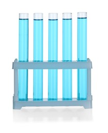 Photo of Test tubes with blue liquid isolated on white