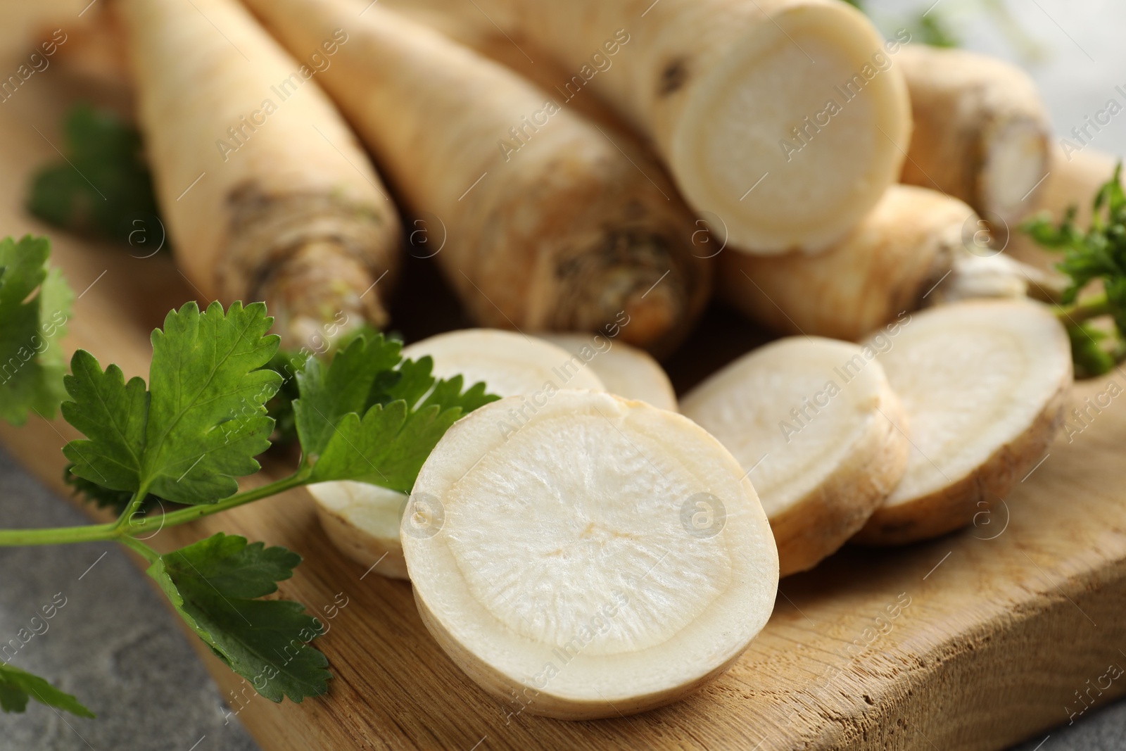 Photo of Parsley roots and leaves on grey table, closeup