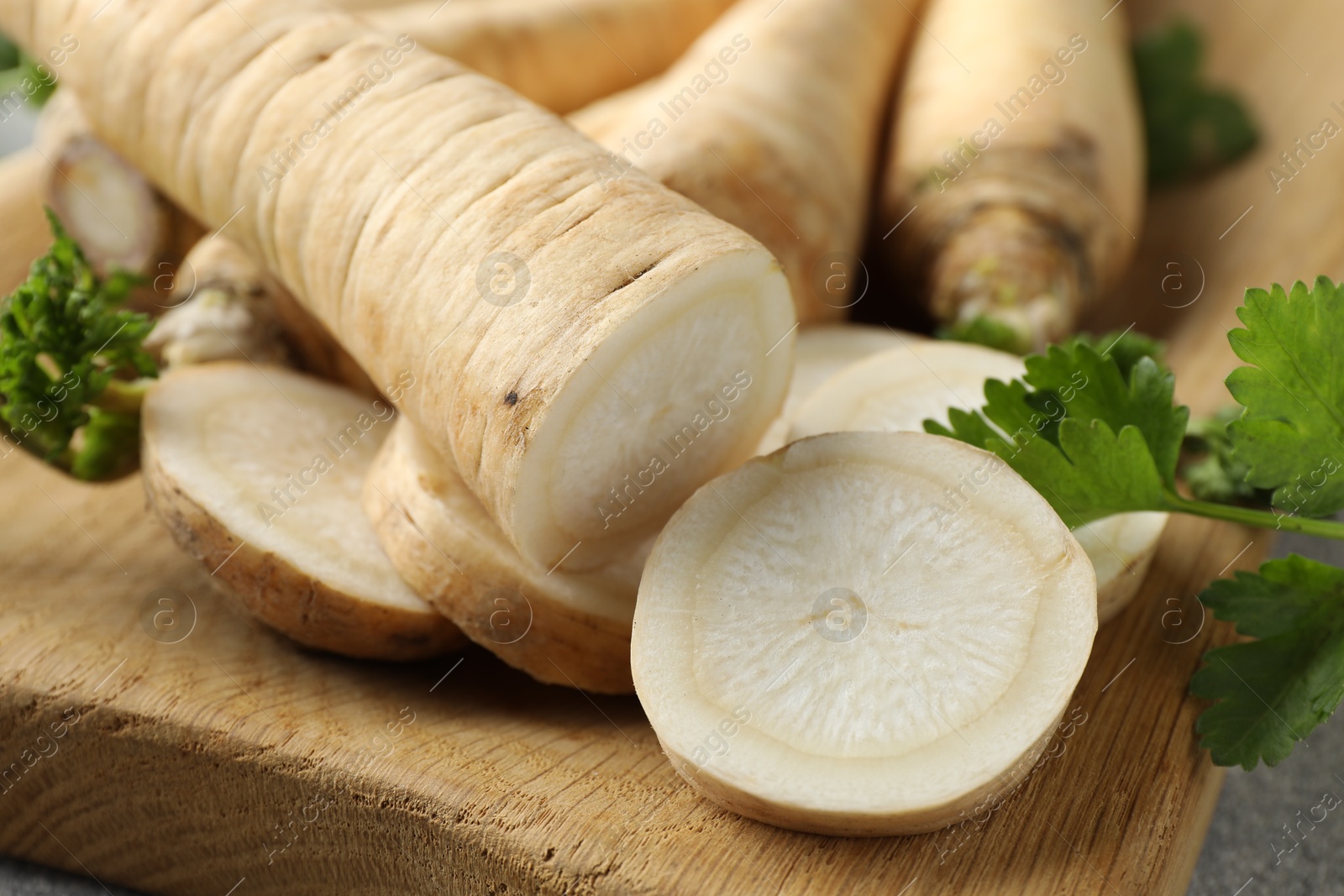 Photo of Parsley roots and leaves on grey table, closeup