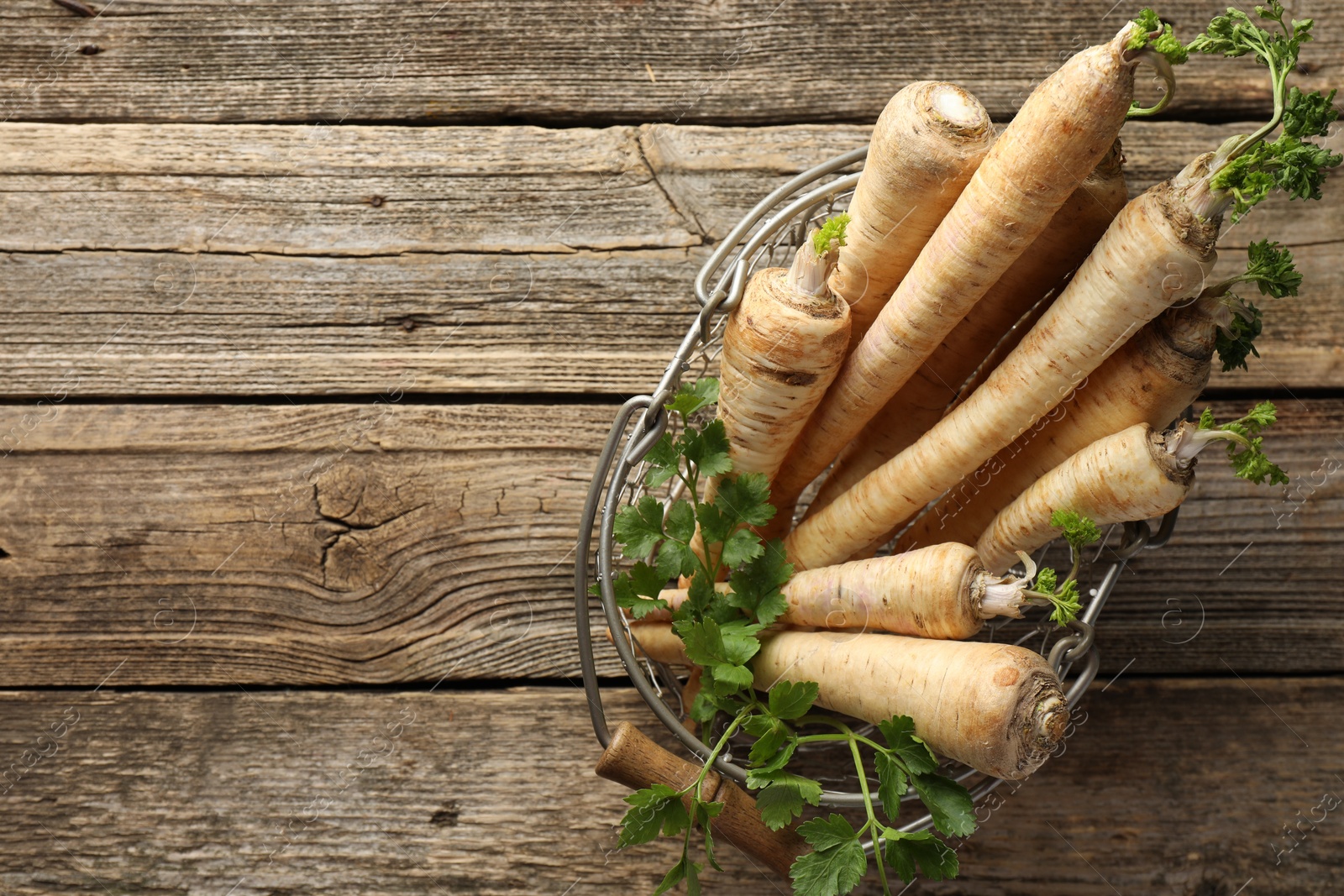 Photo of Raw parsley roots with leaves on wooden table, top view. Space for text