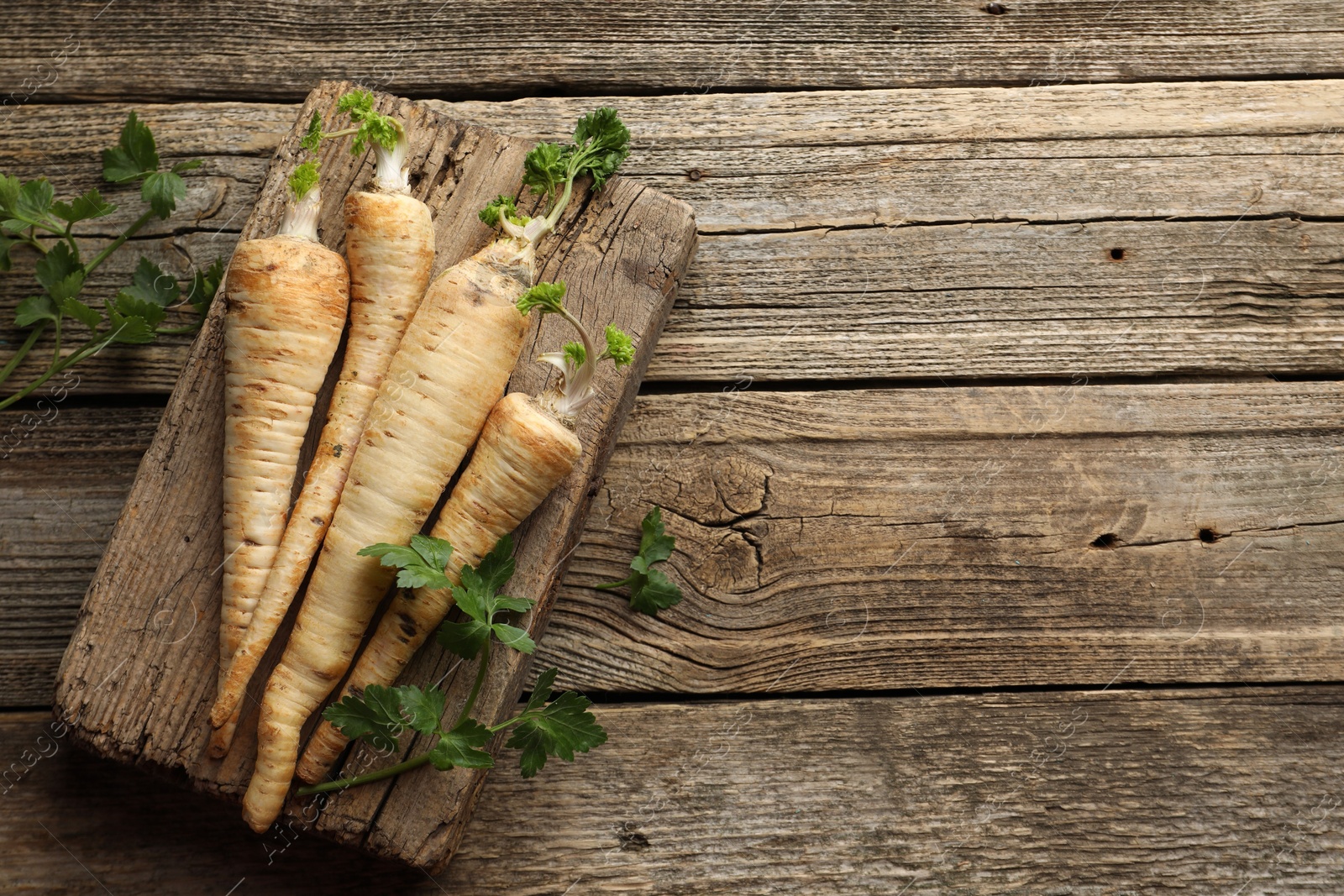 Photo of Raw parsley roots with leaves on wooden table, top view. Space for text