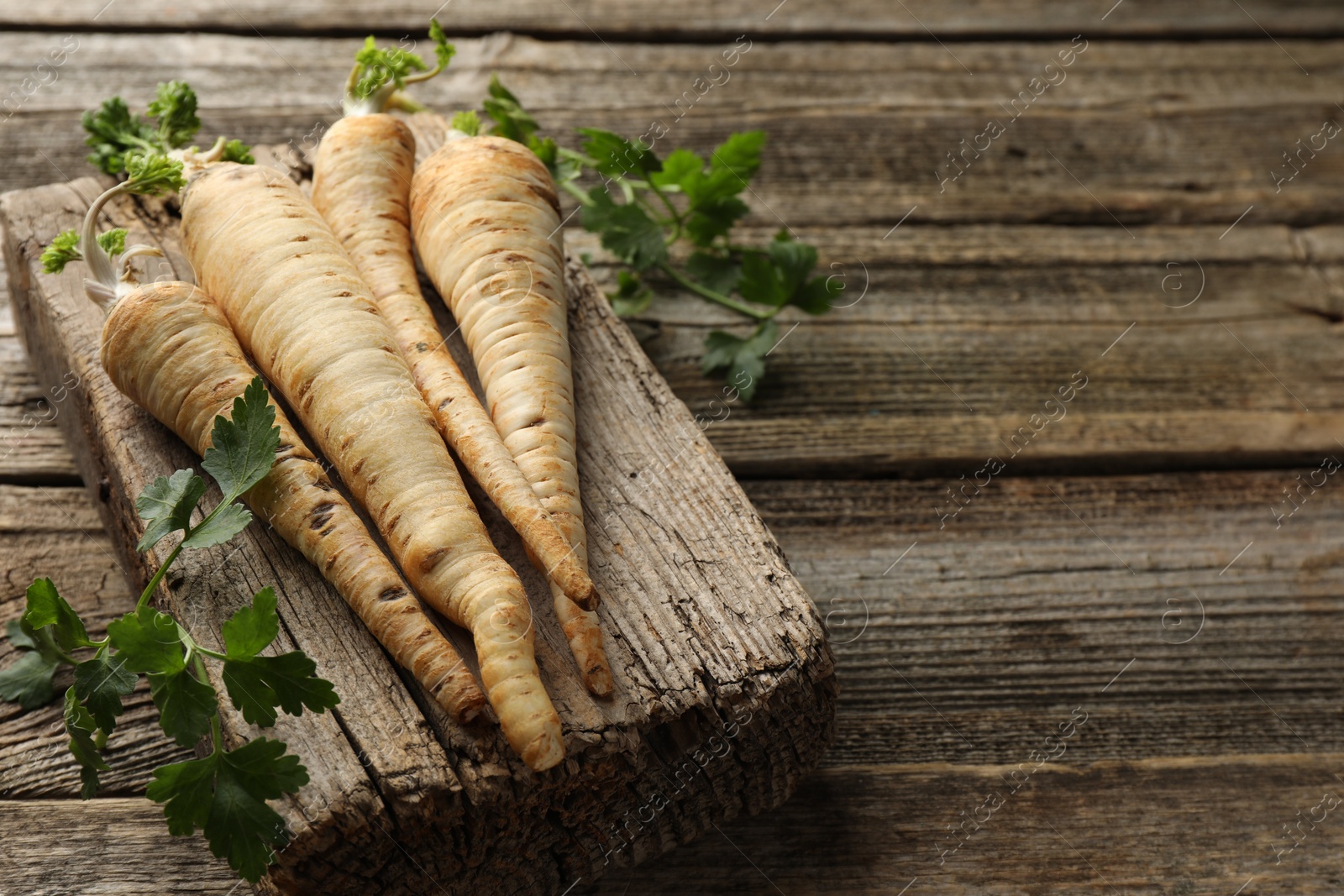 Photo of Raw parsley roots with leaves on wooden table, closeup. Space for text