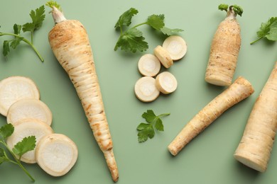 Photo of Parsley roots and leaves on green background, flat lay