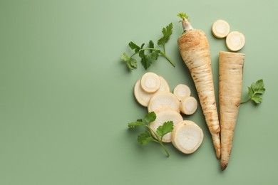 Photo of Parsley roots and leaves on green background, flat lay. Space for text