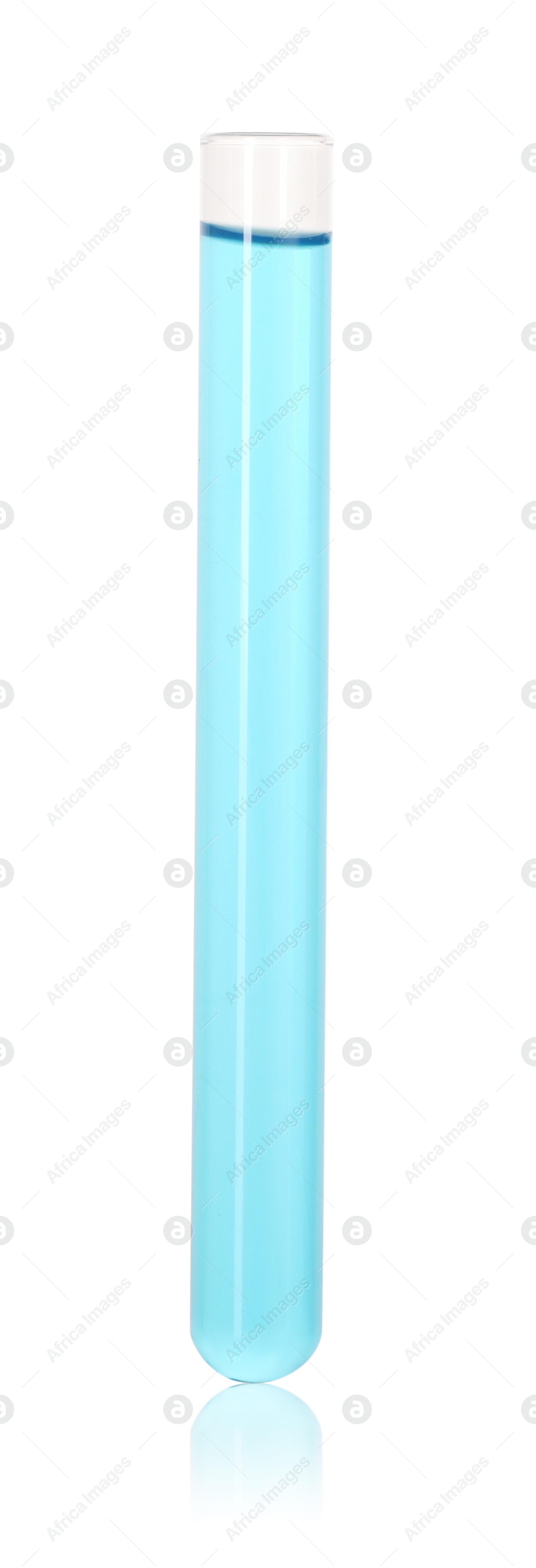 Photo of Test tube with light blue liquid isolated on white