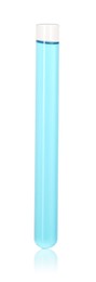 Photo of Test tube with light blue liquid isolated on white