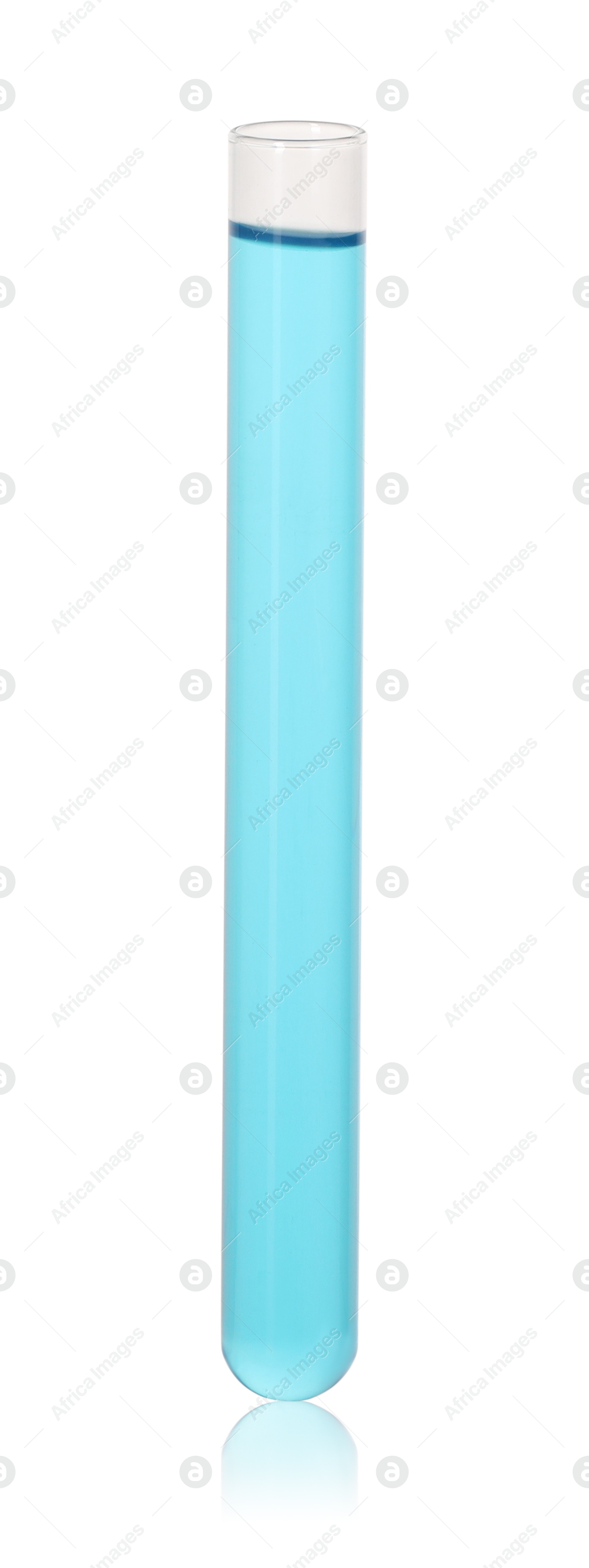 Photo of Test tube with light blue liquid isolated on white