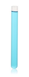 Photo of Test tube with light blue liquid isolated on white