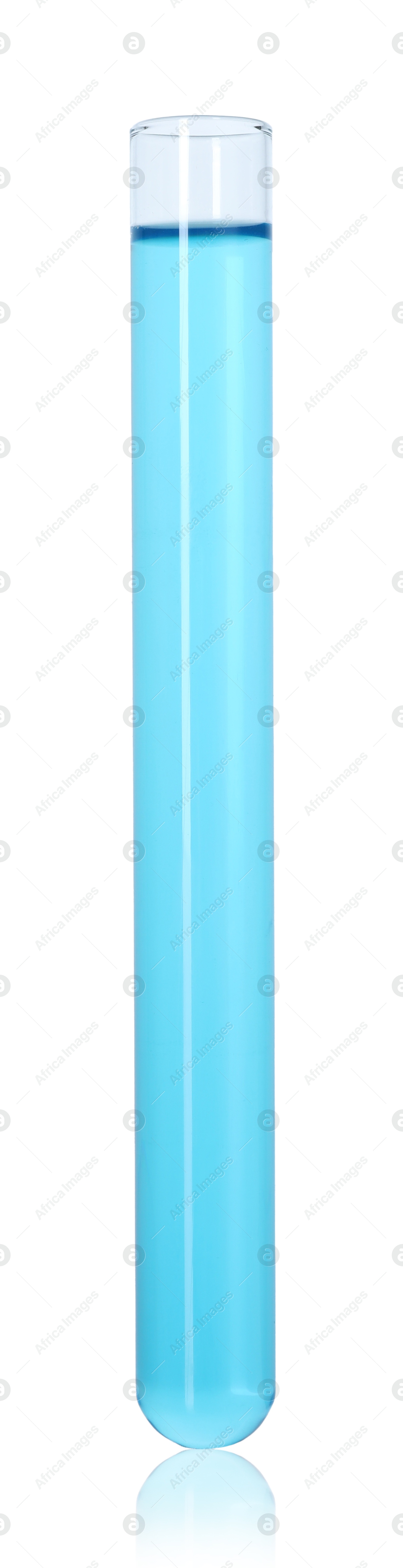 Photo of Test tube with light blue liquid isolated on white