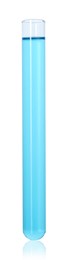 Photo of Test tube with light blue liquid isolated on white